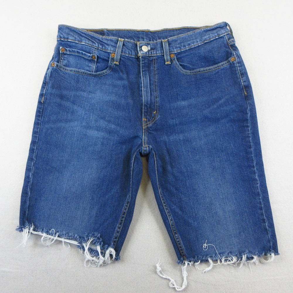 Levi's 514 Cutoff Shorts Mens 36 Blue Denim Straight Fit Stretch Raw Hem Uneven